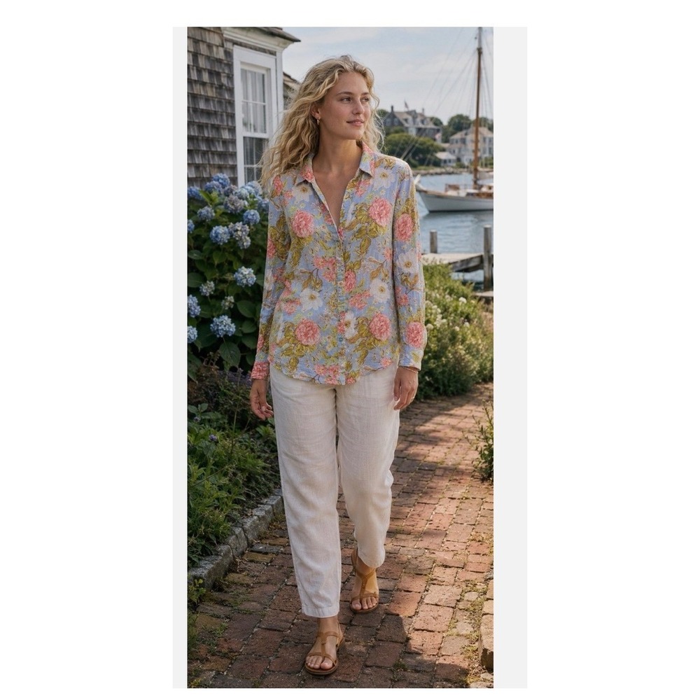 Joie Women XL Blue Pink Floral 100% Linen Roll Tab Button Down Shirt